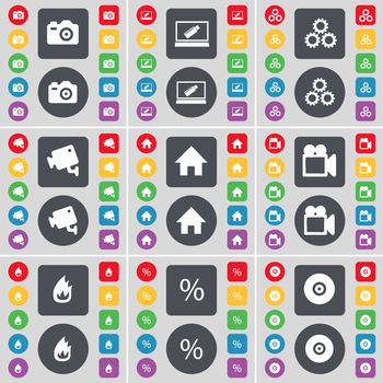 Camera, Laptop, Gear, CCTV, House, Film camera, Fire, Percent, Disk icon symbol. A large set of flat, colored buttons for your design. illustration