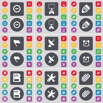 Minus, Monitor, Pencil, Flag, Satellite dish, Alarm clock, SIM card, Wrench, Clip icon symbol. A large set of flat, colored buttons for your design. illustration