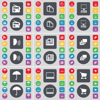 Radio, Survey, Monitor, Talk, Newspaper, Gallery, Umbrella, Laptop, Shopping cart icon symbol. A large set of flat, colored buttons for your design. illustration
