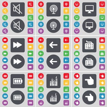 Mute, Wi-Fi, Monitor, Rewind, Arrow left, Keyboard, Battery, Graph, Hand icon symbol. A large set of flat, colored buttons for your design. illustration