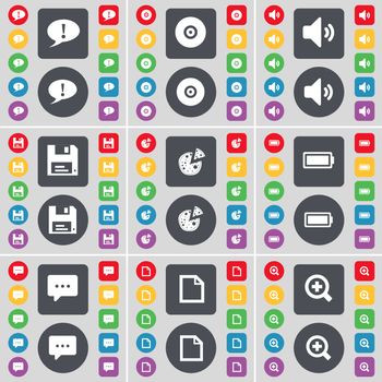 Chat bubble, Disk, Sound, Floppy, Pizza, Battery, Chat bubble, File, Magnifying glass icon symbol. A large set of flat, colored buttons for your design. illustration