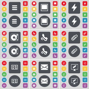 Apps, Window, Flash, Gramophone, Receiver, Clip, Contact, Message, Monitor icon symbol. A large set of flat, colored buttons for your design. illustration