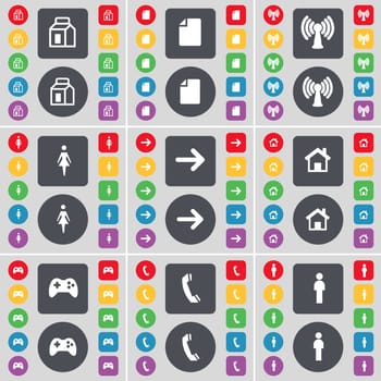 Packing, File, Wi-Fi, Silhouette, Arrow right, House, Gamepad, Receiver, Silhouette icon symbol. A large set of flat, colored buttons for your design. illustration