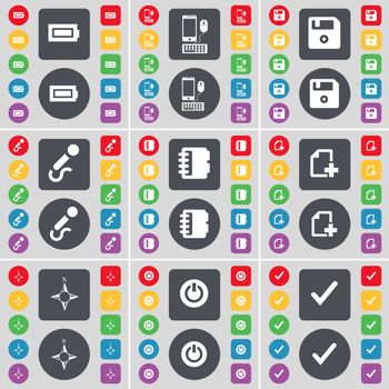 Battery, Smartphone, Floppy, Microphone, Notebook, File, Compass, Power, Tick icon symbol. A large set of flat, colored buttons for your design. illustration