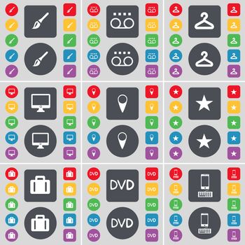 Brush, Cassette, Hanger, Monitor, Checkpoint, Star, Suitcase, DVD, Smartphone icon symbol. A large set of flat, colored buttons for your design. illustration