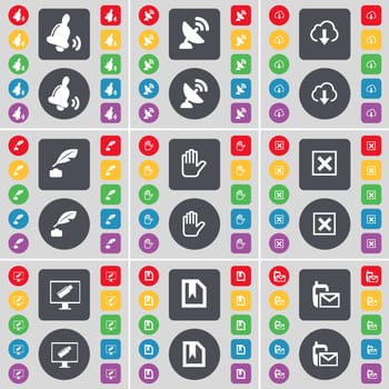 Bell, Satellite dish, Cloud, Ink pot, Hand, Stop, Monitor, File, Message icon symbol. A large set of flat, colored buttons for your design. illustration