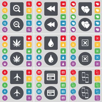 Magnifying glass, Rewind, Heart, Marijuana, Drop, Stop, Airplane, Credit card, Connection icon symbol. A large set of flat, colored buttons for your design. illustration