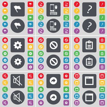 Flag, Smartphone, Question mark, Gear, Stop, Survey, Mute, Back, Window icon symbol. A large set of flat, colored buttons for your design. illustration