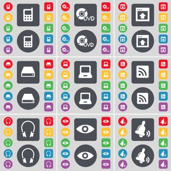 Mobile phone, DVD, Window, Hard drive, Laptop, RSS, Headphones, Vision, Bell icon symbol. A large set of flat, colored buttons for your design. illustration