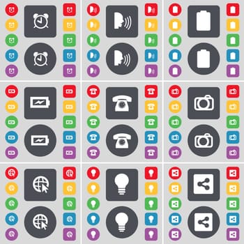 Alarm clock, Talk, Battery, Charging, Retro phone, Camera, Web cursor, Light bulb, Share icon symbol. A large set of flat, colored buttons for your design. illustration