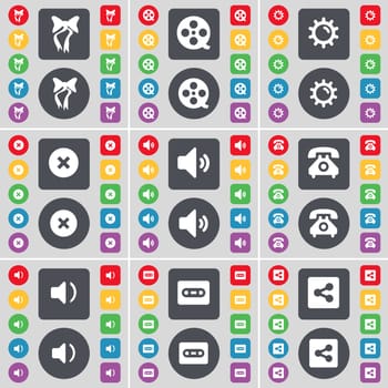 Bow, Videotape, Gear, Stop, Sound, Retro phone, Sound, Cassette, Share icon symbol. A large set of flat, colored buttons for your design. illustration