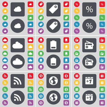 Cloud, Tag, Percent, Battery, Radio, RSS, Earth, Plus one icon symbol. A large set of flat, colored buttons for your design. illustration