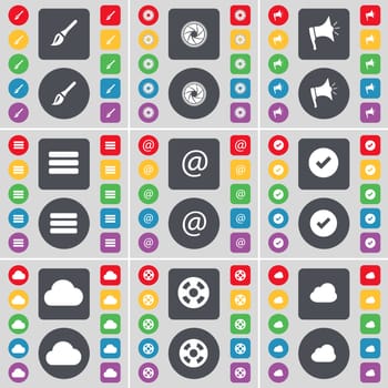 Brush, Lens, Megaphone, Apps, Mail, Tick, Cloud, Videotape icon symbol. A large set of flat, colored buttons for your design. illustration