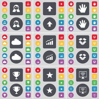 Avatar, Arrow up, Hand, Cloud, Graph, Dropbox, Cup, Star, Monitor icon symbol. A large set of flat, colored buttons for your design. illustration
