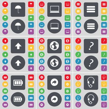 Umbrella, Laptop, Apps, Arrow up, Earth, Question mark, Battery, Back, Headphones icon symbol. A large set of flat, colored buttons for your design. illustration