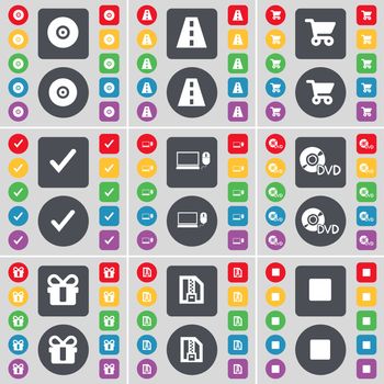 Disk, Road, Shopping cart, Tick, Laptop, DVD, Gift, ZIP file, Media stop icon symbol. A large set of flat, colored buttons for your design. illustration