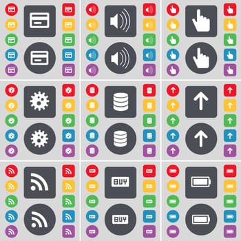 Credit card, Sound, Hand, Gear, Database, Arrow up, RSS, Buy, Battery icon symbol. A large set of flat, colored buttons for your design. illustration