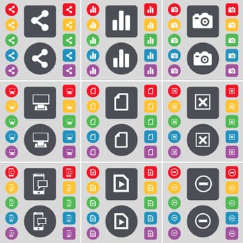 Share, Diagram, Camera, Monitor, File, Stop, SMS, Media file, Minus icon symbol. A large set of flat, colored buttons for your design. illustration