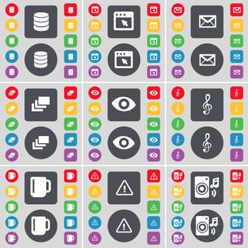 Database, Window, Message, Gallery, Vision, Clef, Cup, Warning, Speaker icon symbol. A large set of flat, colored buttons for your design. illustration