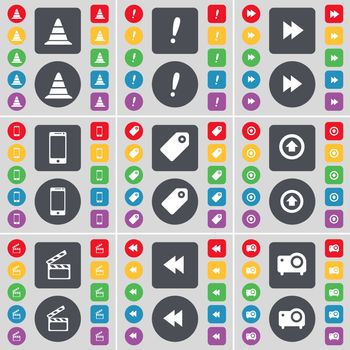 Cone, Exclamation mark, Rewind, Smartphone, Tag, Arrow up, Clapper, Rewind, Projector icon symbol. A large set of flat, colored buttons for your design. illustration