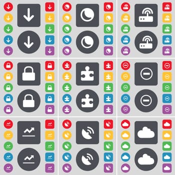 Arrow down, Moon, Router, Lock, Puzzle part, Minus, Graph, Satellite dish, Cloud icon symbol. A large set of flat, colored buttons for your design. illustration