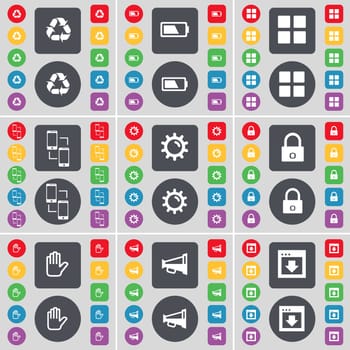 Recycling, Battery, Apps, Connection, Gear, Lock, Hand, Megaphone, Window icon symbol. A large set of flat, colored buttons for your design. illustration