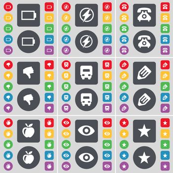 Battery, Flash, Retro phone, Dislike, Truck, Pencil, Apple, Vision, Star icon symbol. A large set of flat, colored buttons for your design. illustration