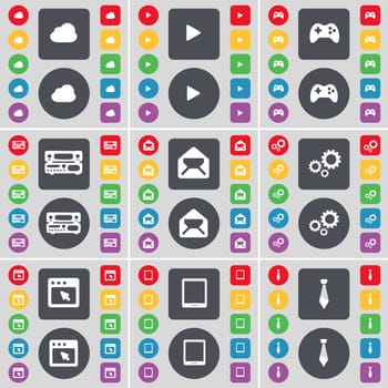Cloud, Media play, Gamepad, Record-player, Message, Gear, Window, Tablet PC, Tie icon symbol. A large set of flat, colored buttons for your design. illustration