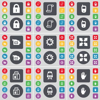 Lock, Scroll, Mobile phone, Film camera, Gear, Full screen, Packing, Train, Hand icon symbol. A large set of flat, colored buttons for your design. illustration