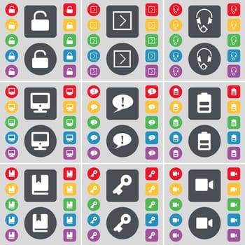 Lock, Arrow right, Headphones, Monitor, Chat bubble, Battery, Dictionary, Key, Film camera icon symbol. A large set of flat, colored buttons for your design. illustration
