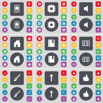 Mobile phone, Processor, Sound, House, Dictionary, Contact, Brush, Arrow up, Like icon symbol. A large set of flat, colored buttons for your design. illustration