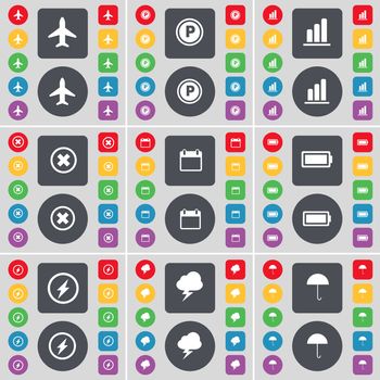 Airplane, Parking, Diagram, Stop, Calendar, Battery, Flash, Nightning, Umbrella icon symbol. A large set of flat, colored buttons for your design. illustration