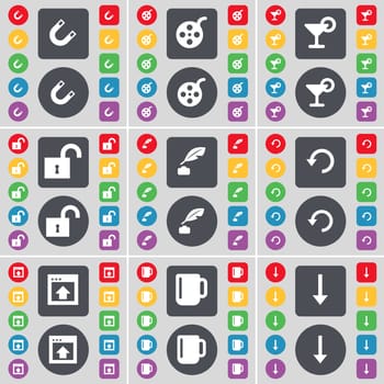 Magnet, Videotape, Cocktail, Lock, Ink pen, Reload, Window, Cup, Arrow down icon symbol. A large set of flat, colored buttons for your design. illustration
