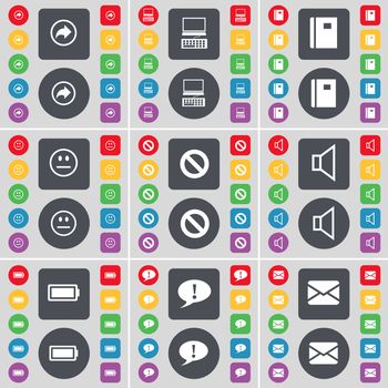 Back, Laptop, Notebook, Smile, Stop, Sound, Battery, Chat bubble, Message icon symbol. A large set of flat, colored buttons for your design. illustration