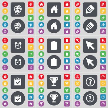 Globe, House, Pencil, Alarm clock, Battery, Cursor, Survey, Cup, Question mark icon symbol. A large set of flat, colored buttons for your design. illustration