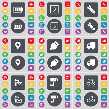 Battery, Arrow right, Rocket, Checkpoint, USB, Truck, SMS, CCTV, Bicycle icon symbol. A large set of flat, colored buttons for your design. illustration