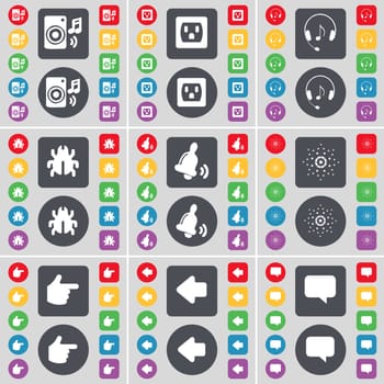 Speaker, Socket, Headphones, Bug, Bell, Star, Hand, Arrow left, Chat bubble icon symbol. A large set of flat, colored buttons for your design. illustration