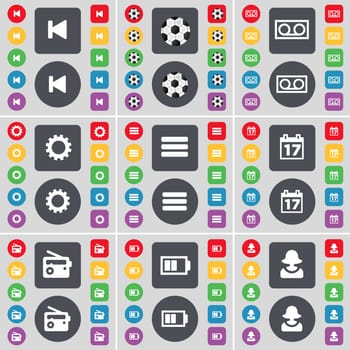 Media skip, Ball, Cassette, Gear, Apps, Calendar, Radio, Battery, Avatar icon symbol. A large set of flat, colored buttons for your design. illustration