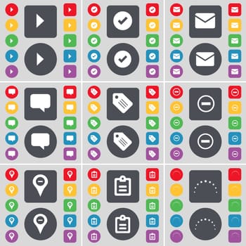 Media play, Tick, Message, Chat bubble, Tag, Minus, Checkpoint, Survey, Stars icon symbol. A large set of flat, colored buttons for your design. illustration