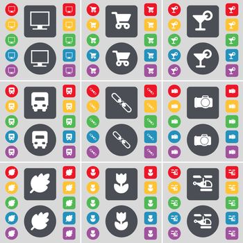 Monitor, Shopping cart, Cocktail, Truck, Link, Camera, Leaf, Flower, Helicopter icon symbol. A large set of flat, colored buttons for your design. illustration