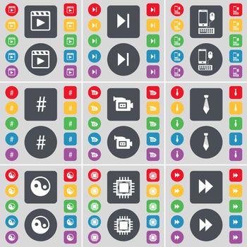 Media player, Media skip, Smartphone, Hashtag, Film camera, Tie, Yin-Yang, Processor, Rewind icon symbol. A large set of flat, colored buttons for your design. illustration