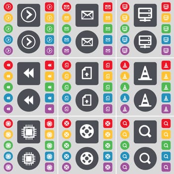 Arrow right, Message, Server, Rewind, Upload file, Cone, Processor, Videotape, Magnifying glass icon symbol. A large set of flat, colored buttons for your design. illustration