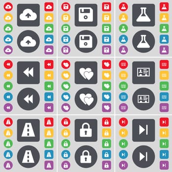 Cloud, Floppy, Flask, Rewind, Heart, Contact, Road, Lock, Media skip icon symbol. A large set of flat, colored buttons for your design. illustration