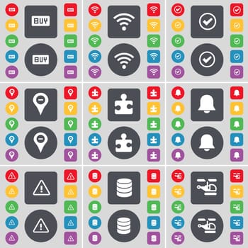 Buy, Wi-Fi, Tick, Checkpoint, Puzzle part, Notification mark, Warning, Database, Helicopter icon symbol. A large set of flat, colored buttons for your design. illustration