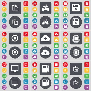 Survey, Gamepad, Floppy, Arrow down, Cloud, Processor, Monitor, Gas station, Survey icon symbol. A large set of flat, colored buttons for your design. illustration