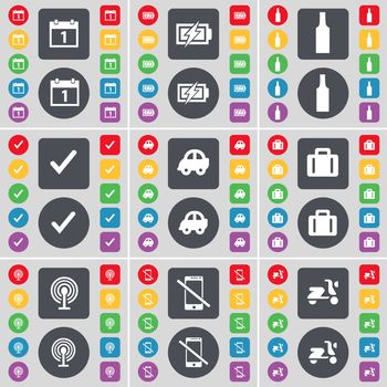 Calendar, Charging, Bottle, Tick, Car, Suitcase, Wi-Fi, Smartphone, Scooter icon symbol. A large set of flat, colored buttons for your design. illustration