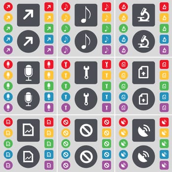 Full screen, Note, Microscope, Microphone, Wrench, Upload file, Graph file, Stop, Satellite dish icon symbol. A large set of flat, colored buttons for your design. illustration