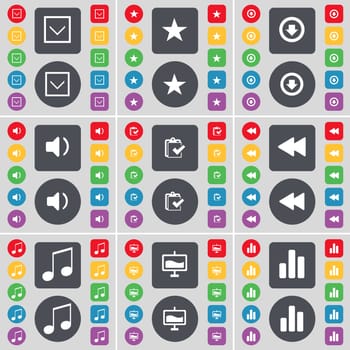 Arrow down, Star, Arrow down, Sound, Survey, Rewind, Note, Graph, Diagram icon symbol. A large set of flat, colored buttons for your design. illustration