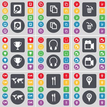 Hard disk, Copy, Trash can, Cup, Headphones, Globe, Fork and knife, Checkpoint icon symbol. A large set of flat, colored buttons for your design. illustration