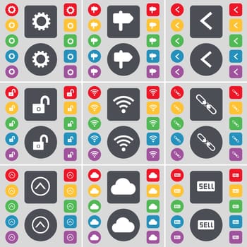 Gear, Signpost, Arrow left, Lock, Wi-Fi, Link, Arrow up, Cloud, Sell icon symbol. A large set of flat, colored buttons for your design. illustration